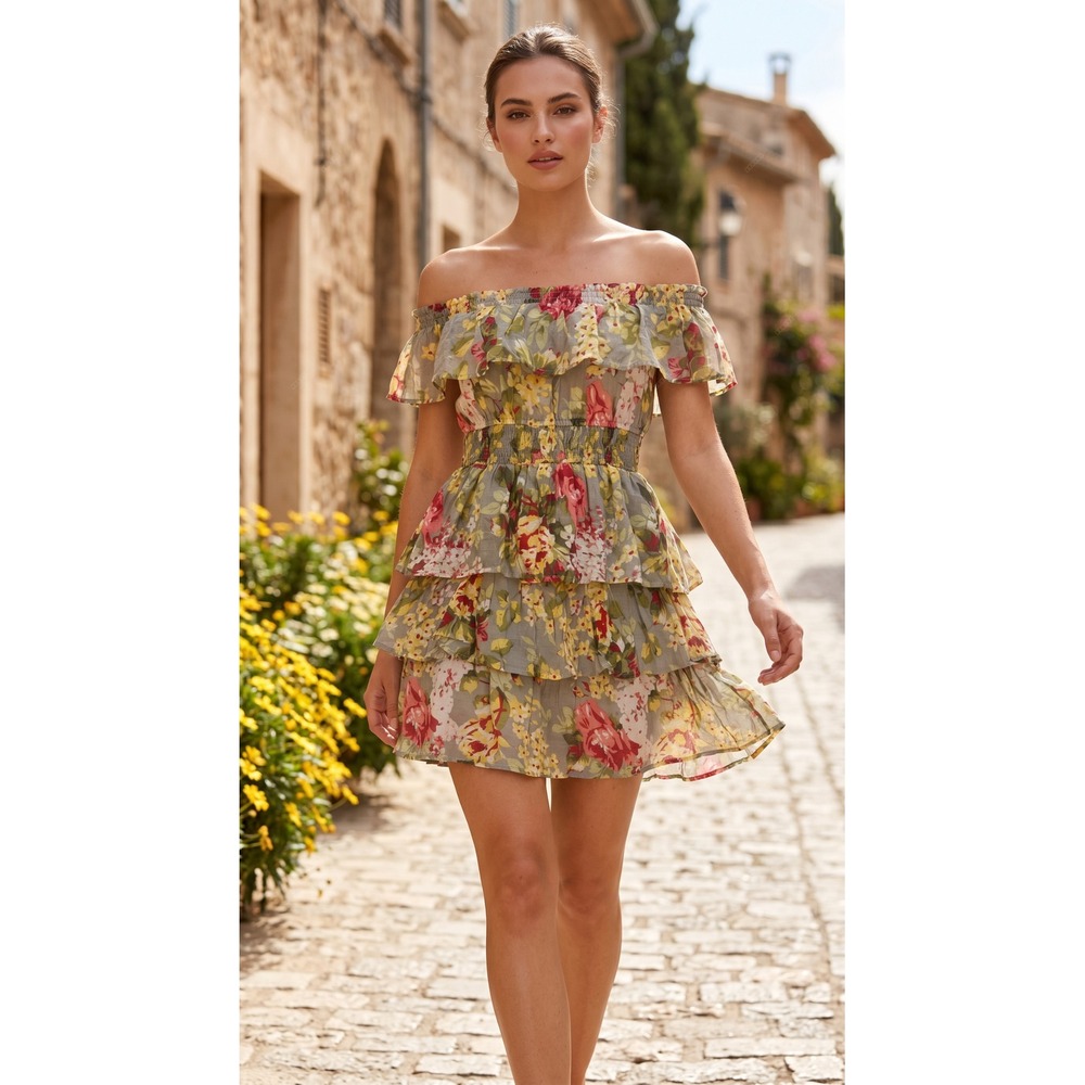 Vintage Cottagecore Floral Tiered‎ Ruffle Off Shoulder Smocked Boho Mini Dress